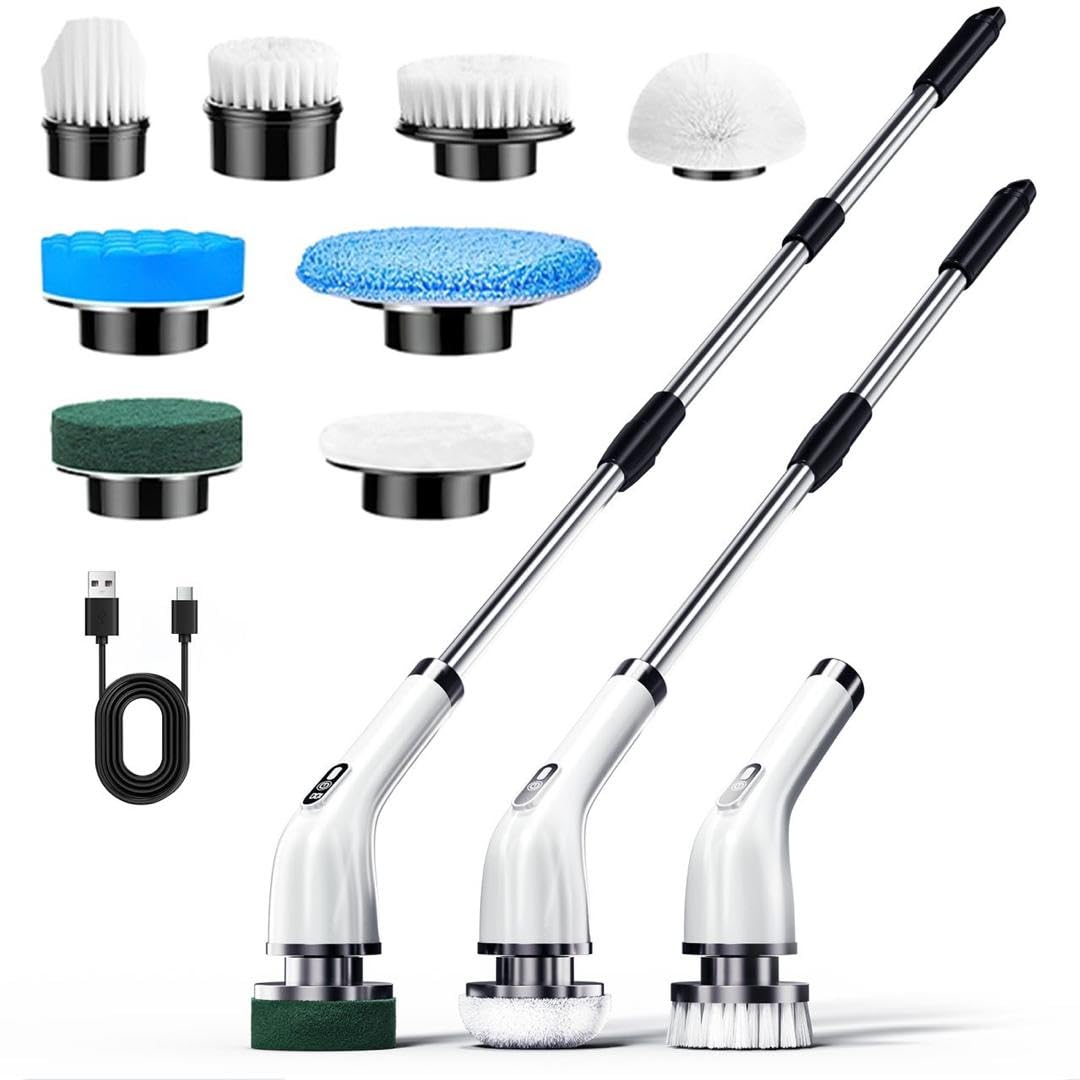 Electric Spin Scrubber with 9 Brush Heads & Extendable Handle, Cordless Bathroom Cleaning Brush, 2-Speed Power Scrubber, IPX7 Waterproof Shower Scrubber for Tile, Tub, Floor & Kitchen