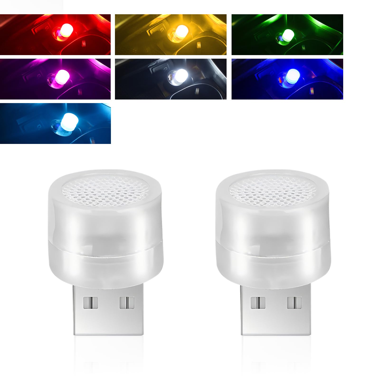 2 PCS USB Plug Lights, RGB Color-Changing LED Car Ambient Lighting, Portable Mini Round Night Light, Universal for Bedroom, Hallway, Bathroom, Kitchen (Multicolored)