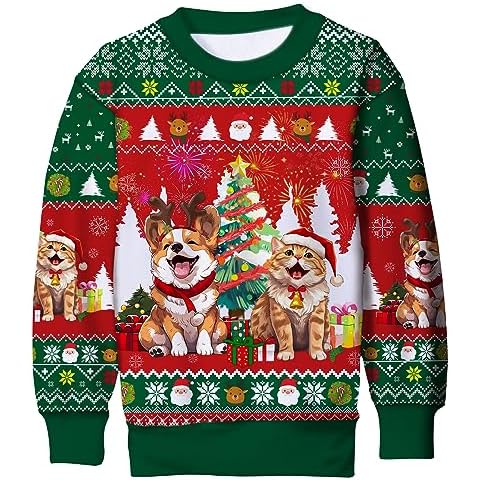Funnycokid Kids Ugly Christmas Sweater Size 8-9 Girls Dog Boys Funny Xmas Novelty Kids Tacky Sweatshirt Cat Fleece Shirt Outfit Clothes 8-9 Years Cover
