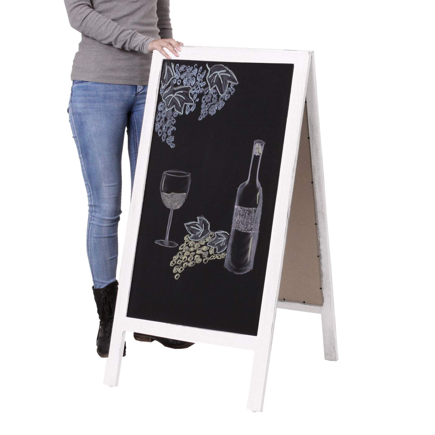 Mendler XL Werbetafel HWC-C17 100x50cm - weiß shabby | Aufsteller, Kreidetafel, Kundenstopper, 2 Schreibflächen, klappbar