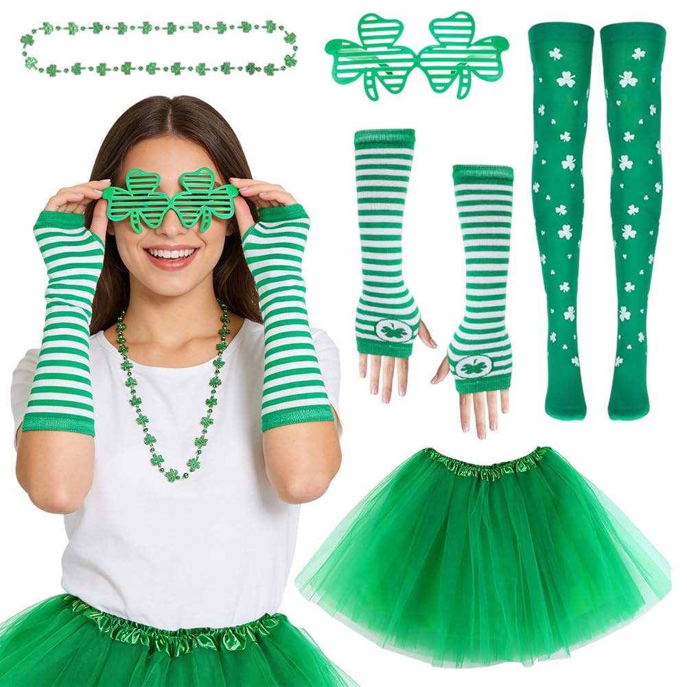 PyrrlicToy 5pcs St. Patrick Day Costume Set, Green Shamrock Tutu Skirt Headband Necklace Arm Warmers