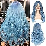 Beweig Blue Wig for Women Long Curly Wavy Pastel Blue Wig Side Part Synthetic Halloween Cosplay Wig with Wig Cap
