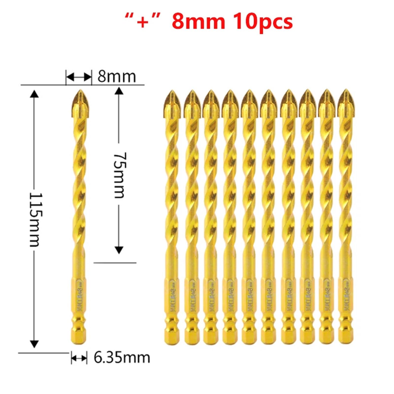 Juego de brocas triangulares de cruz, brocas for baldosas de cerámica de 6/8/10 mm for perforar agujeros en la pared, brocas helicoidales especiales for baldosas de hormigón y cemento, 1 unidad(8mm 10