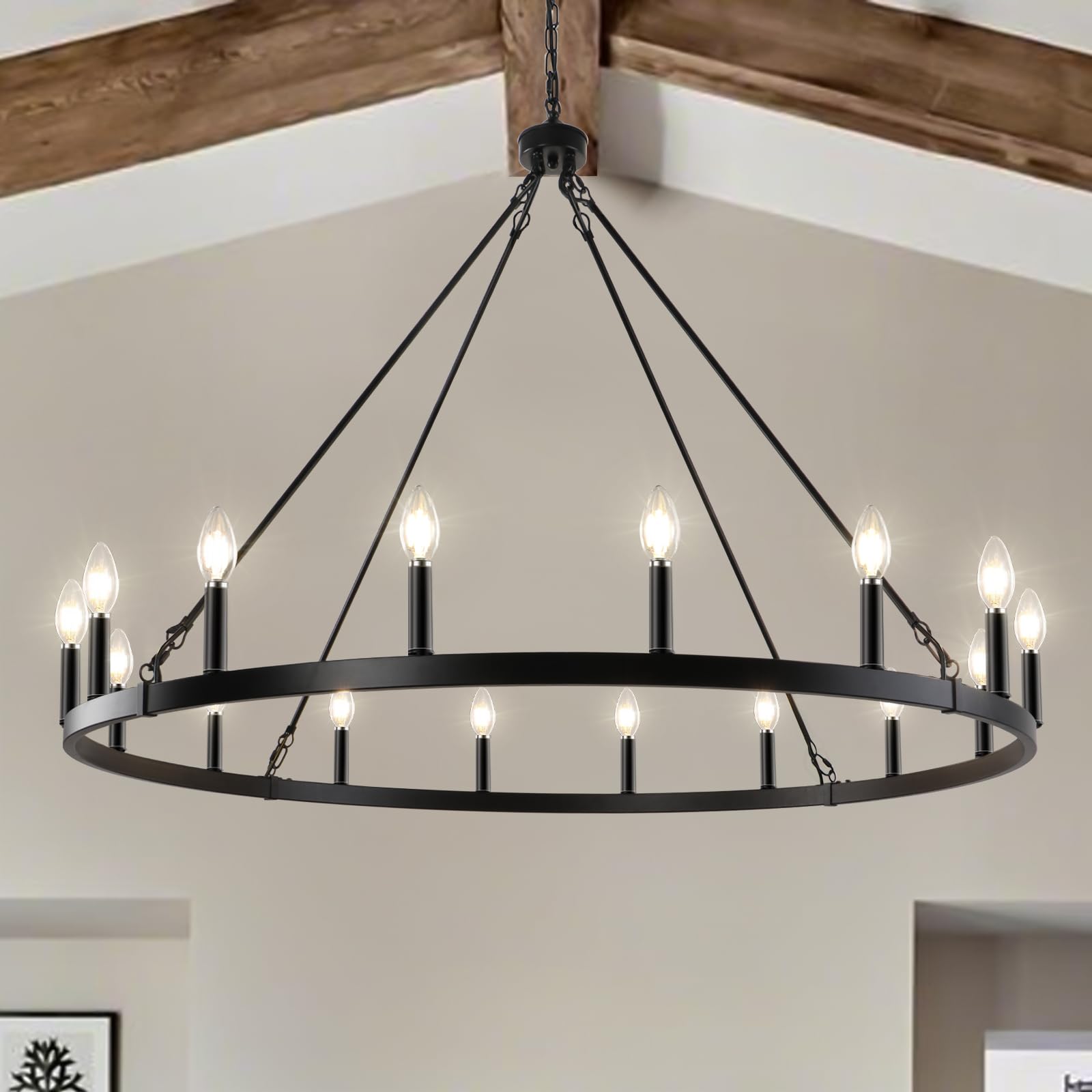 LynPon Black Wagon Wheel Chandelier 47 Inch, 16 Lights Modern Farmhouse Chandeliers, Rustic Large High Ceiling Round Chandelier, Industrial Hanging Light Fixture for Living Room Dining Room Foyer