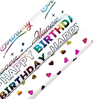 3-Pack Glossy Birthday Wrapping Paper Rolls – 43 x 300cm Each – Gift Wrapping Paper Roll White Paper with Printed Happy Bi...