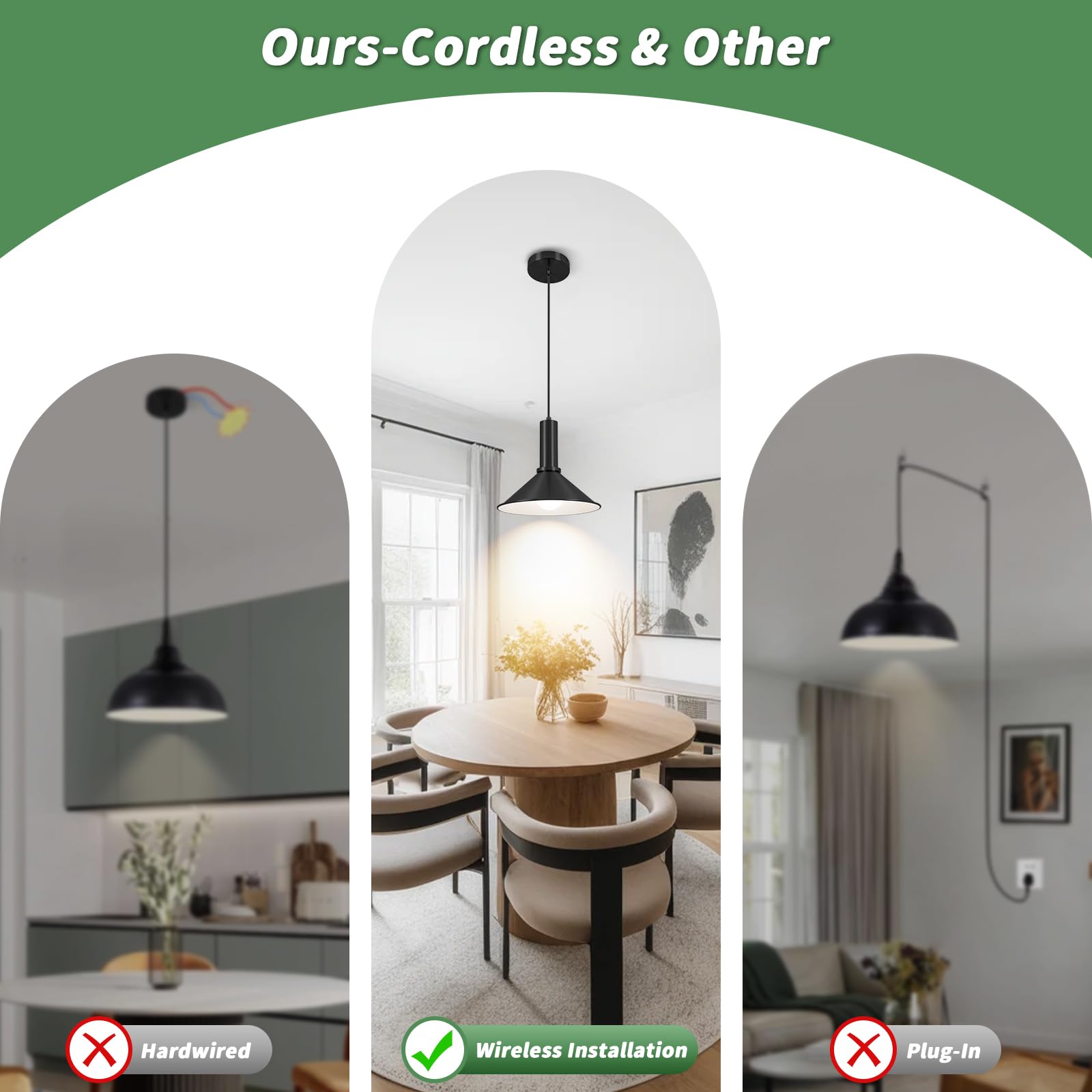 Kiven Battery Operated Pendant Light Adjustable Height,Dimmable Pendant Lighting Fixture With Remote,Rechargeable Hanging Pendant Light(1-Light