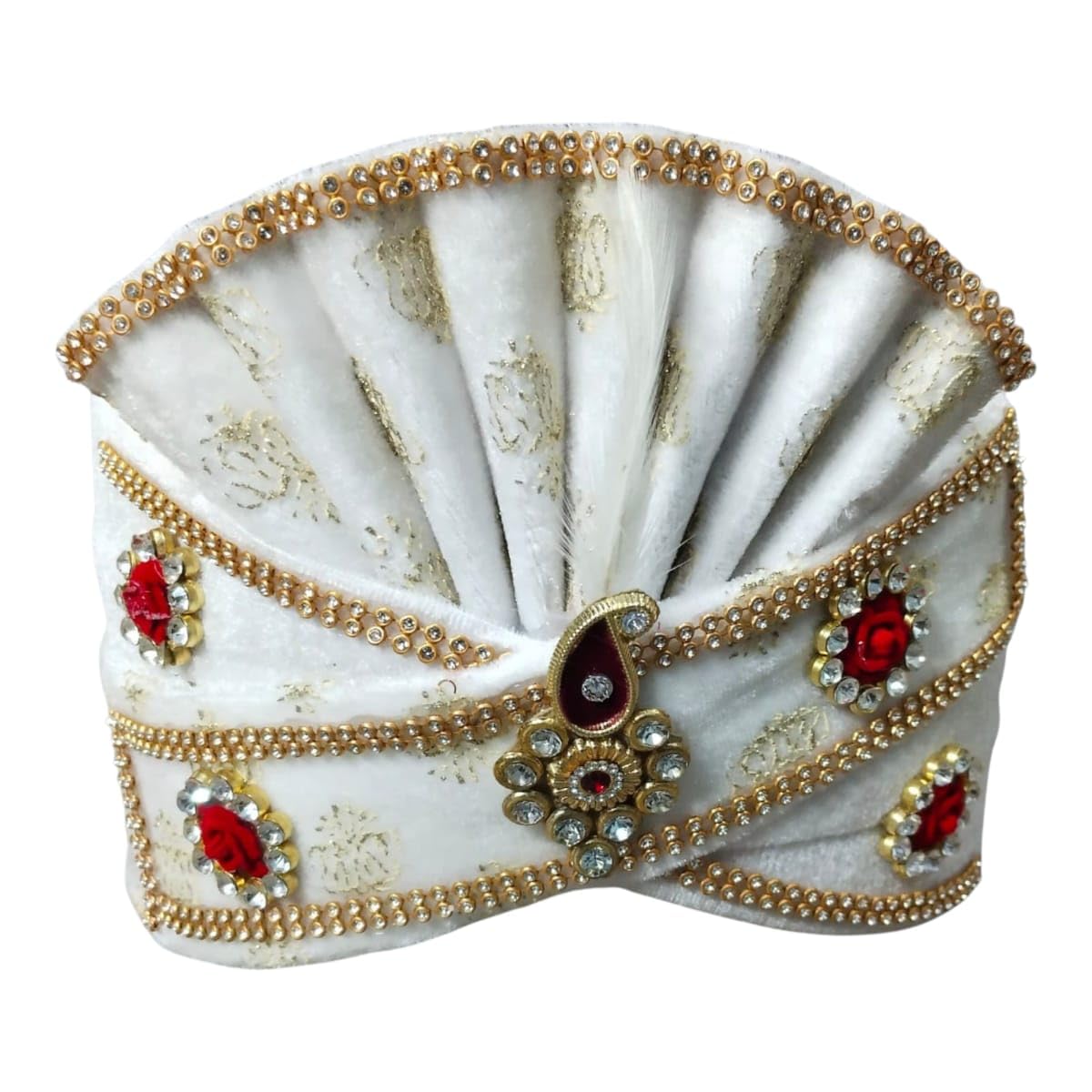 White Wedding Groom Pagdi with Pearl, Stone & Red Rose Work | Royal Safa Turban for Marriage & Reception-image-22