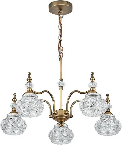 ZILANL Lámpara colgante de cristal dorado con 5 luces, estilo rústico, acabado de latón envejecido cepillado mate con pantalla de cristal para isla