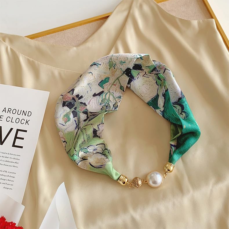 Silk Felling Magnetic Buckle with Rhinestone Small Neckerchief Clavicle Collar Headpiece Pendant Scarf for Women4