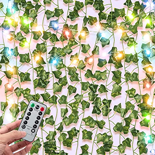 Ivy kunstplanten, 12 stuks groene bladeren, klimop, wijnstok met 100 leds, klimop, slinger, hangende klimop, voor bruiloft, keuken, tuin, feest, wanddecoratie