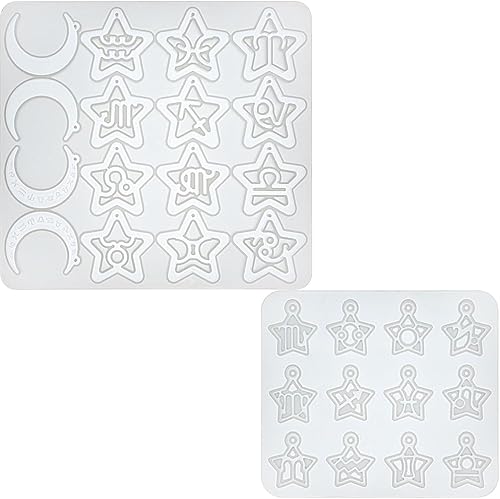 Miniatura 9 de Moldes de resina del zodiaco Dijes de silicona con forma de luna y estrella, 2 tamaños para llavero, collar, colgante, aretes, pulsera, cabujón,