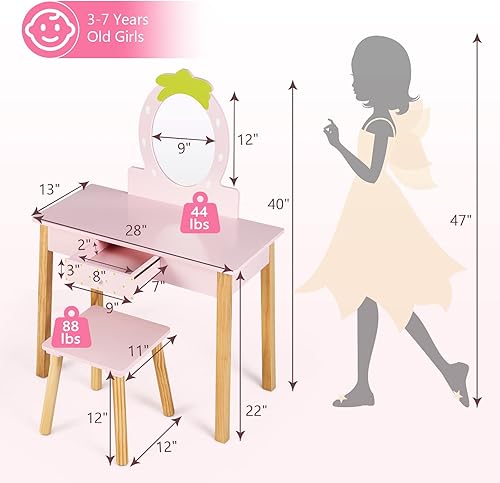 Miniatura 6 de HONEY JOY Vanity - Juego de tocador de maquillaje de princesa con temática de fresa para niñas pequeñas, espejo ovalado real, juego de tocador y