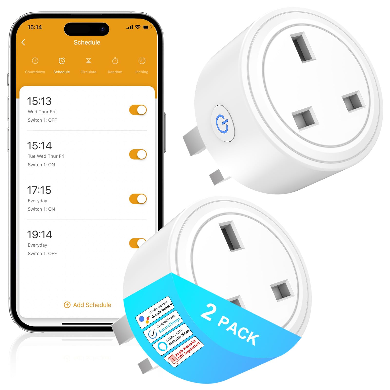 SURFOU Smart Plug Wi-Fi Timer Socket with Energy Monitoring, Mini Remote Control Plug Works with Alexa, Google Home and SmartThings, Light Timers For Home Security, App Smart Life/Tuya, 13A (2)