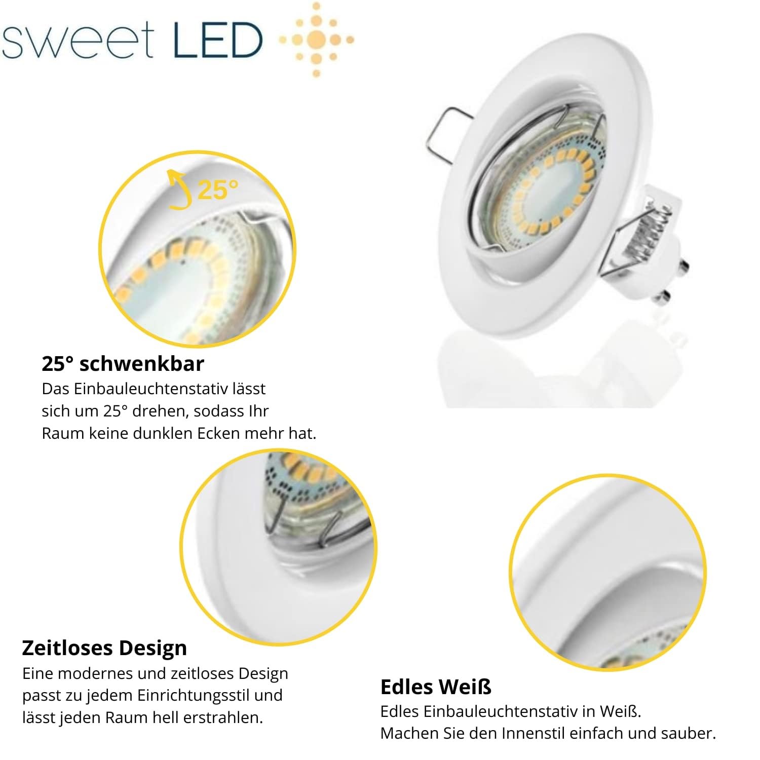 Sweet Led Einbaustrahler 230V Weiß 12er Set – Deckenspots schwenkbar Ø68mm – 5W GU10 warmweiß 3000K – Einbauleuchten mit Keramik-Fassung & austauschbarem Leuchtmittel
