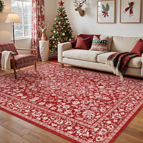 Christmas Area Rug 5x7 Red Washable Living Room Carpet Retro Distressed Floral Holiday Decor Rug Non Slip Soft Decorative Xmas Doormat for Bedroom Office Dining Room Bathroom Kitchen