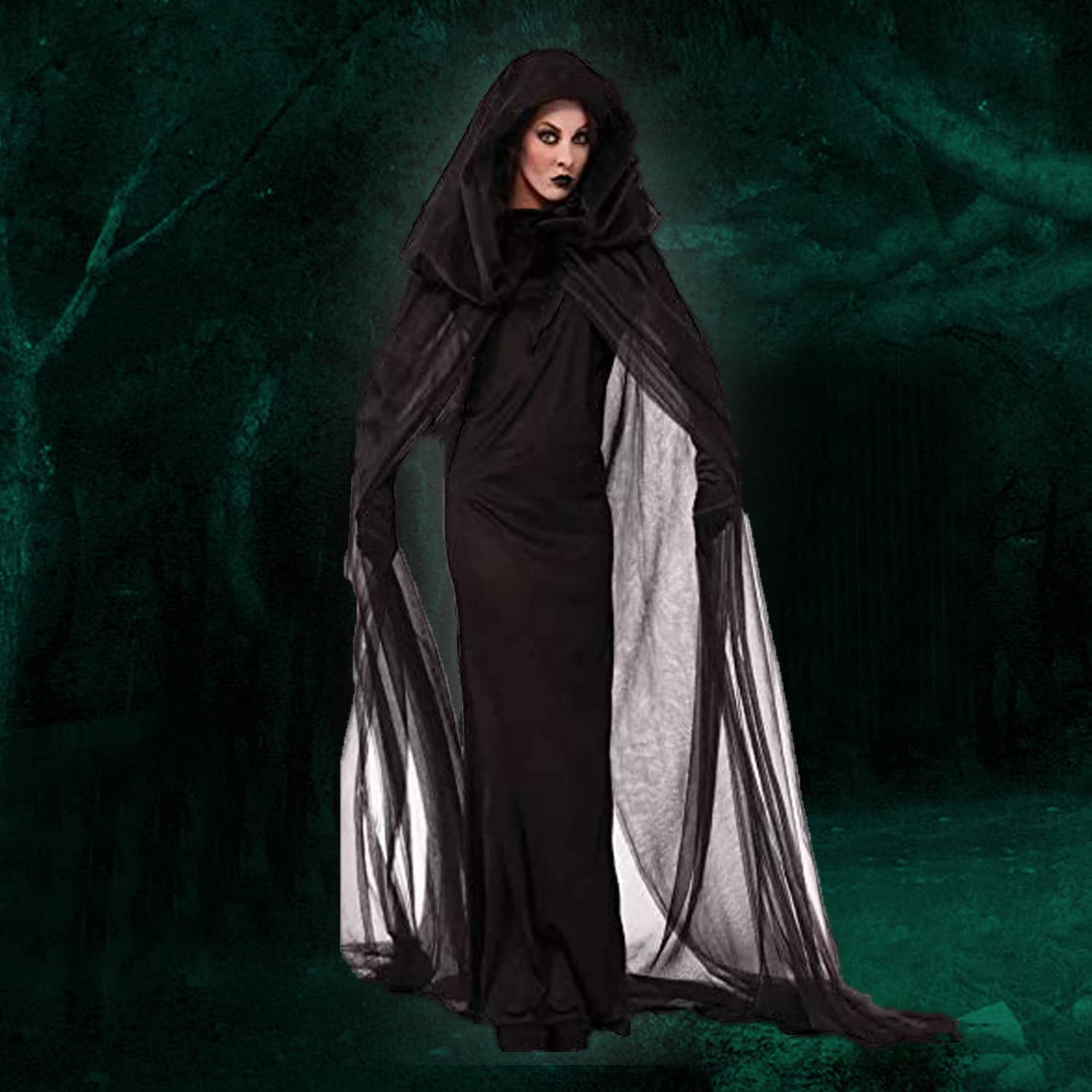 ITODA Halloween Ghost Bride Costume Full Length Corpse Bride Dress Black Gothic Vampire Outfit Zombie Wedding Dress Wicked Witch Cloak Halloween Haunted Ghost Fancy Cape - Image 3