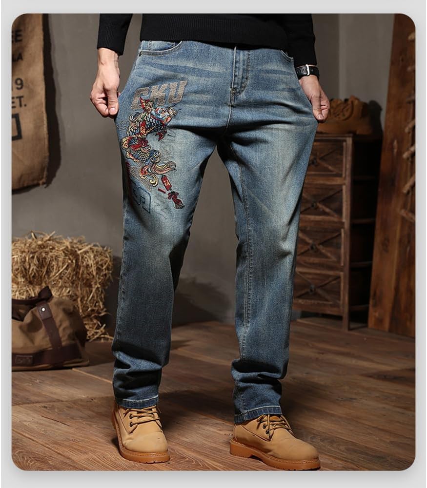 Mens Embroidered Dragon Jeans Vintage Straight Leg Distressed Denim Pants 28-44