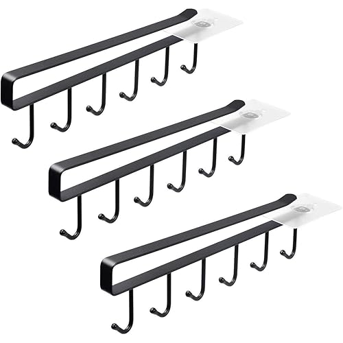 ECROCY Mug Holder Under Cabinet - 3pcs x 6 Hook Mug Organizer for Kitchen, Fit for 1 Inch Thickness Shelf or Less - Only Suitable for Flat Buttom Cabinet Without Any Lip