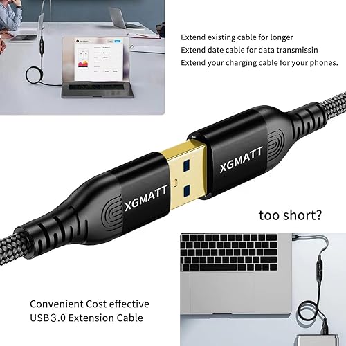 Miniatura 4 de XGMATT Cable de extensión USB 3.0 de 6.6 pies + 6.6 pies, cable de extensión USB 3.0 USB tipo A, macho a hembra, sincronización de datos de 5 Gbps,
