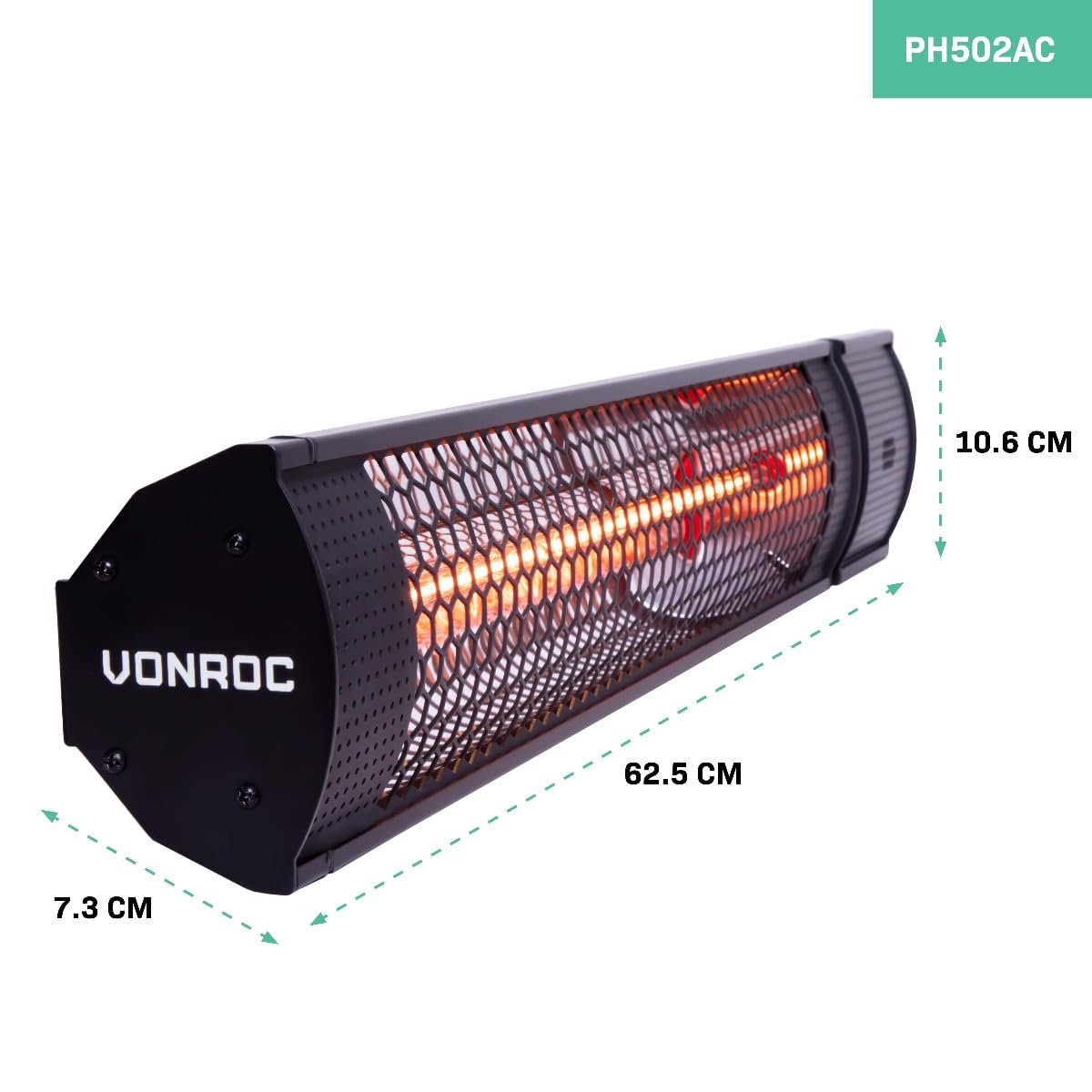 VONROC Stufa riscaldante a infrarossi 2000W da esterno 2 livelli di calore Telecomando Nero