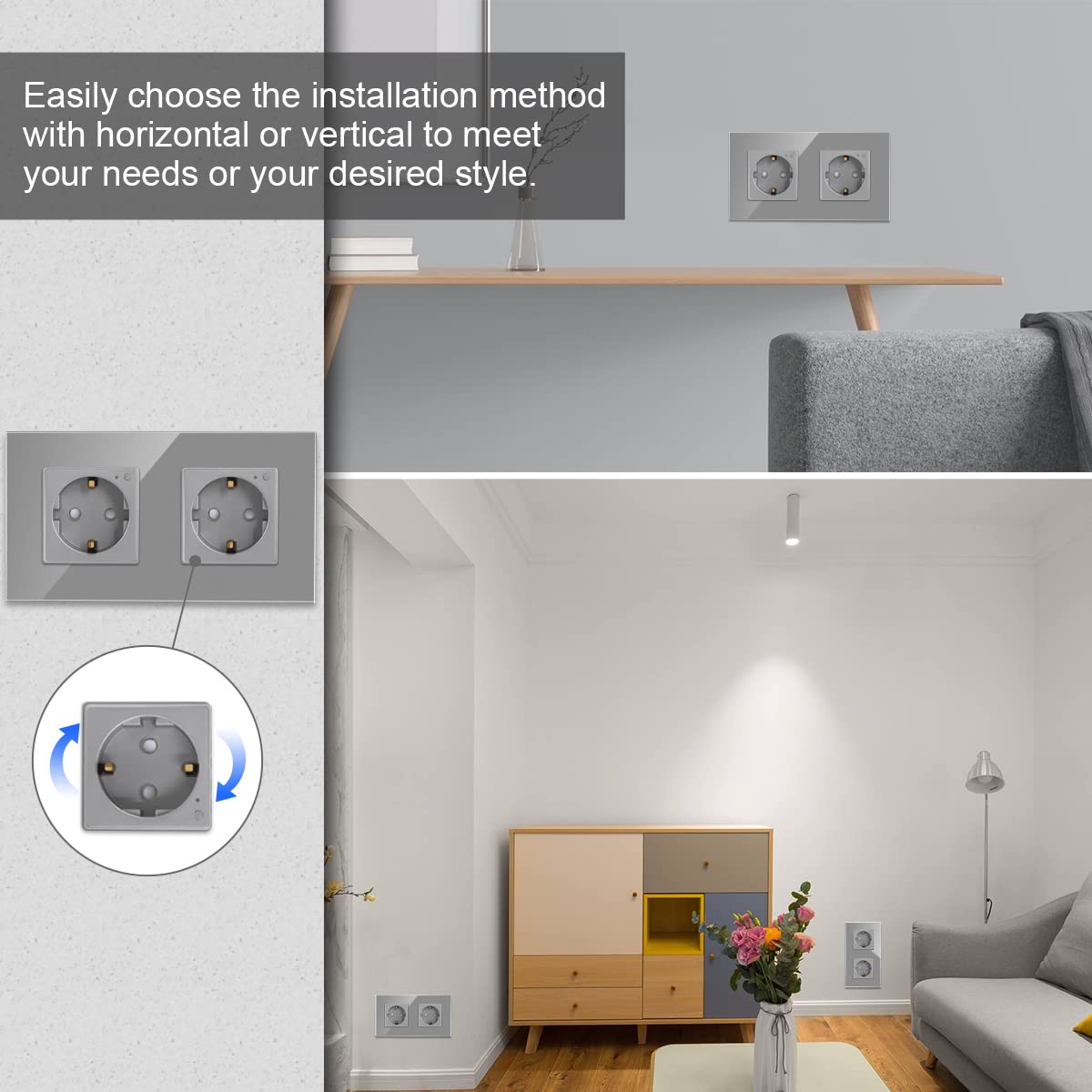 CNBINGO Presa Schuko WLAN da incasso, 16 Amp vetro Smart presa da lavoro con Alexa(Echo, Echo Dot), Google Assistant, controllo app, solo 2,4 GHz WiFi, 2 scomparti, grigio, confezione da 2 pezzi