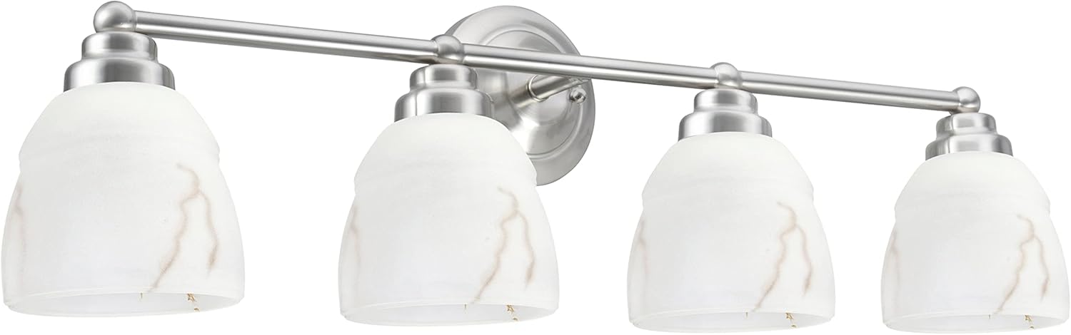 Aspen Creative Satin Nickel 62193-1, Four Metal Bathroom Vanity Wall Light Fixture, 4 3/4" Wide, Transitional Design Faux Alabaster Glass Shade