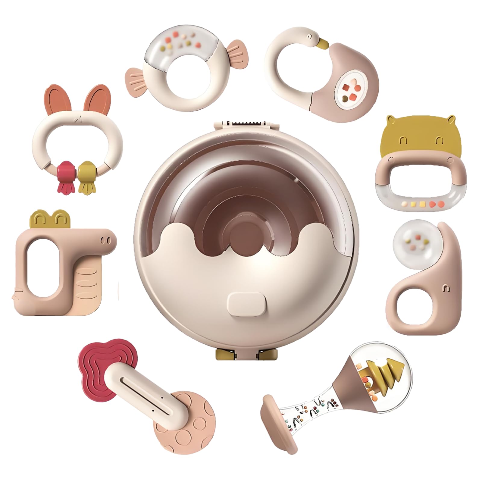0-6 Months Baby Rattle Teether Toy Set,Infant Silicone Teether Chew Toys,Sensory Toy Set for Babies,Gift for Newborn Baby (8pcs-Set)