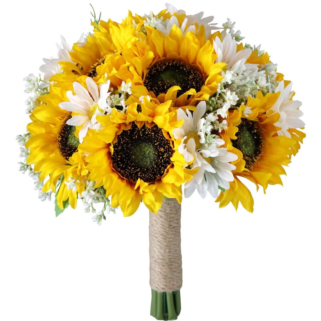 HUFFA Artificial Sunflower Bridal Bouquet - Elegant Wedding Fake Flower Arrangement for Church Ceremonies