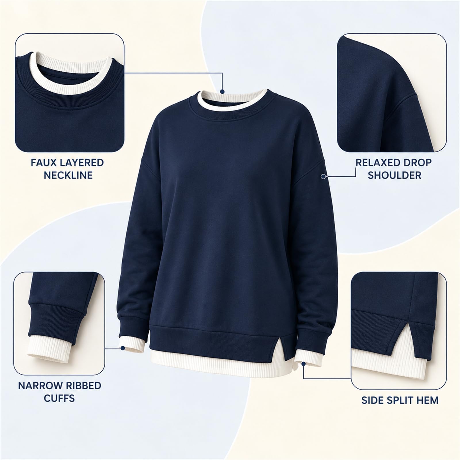Generisch Felpa da donna con scollo rotondo, effetto stratificato, a