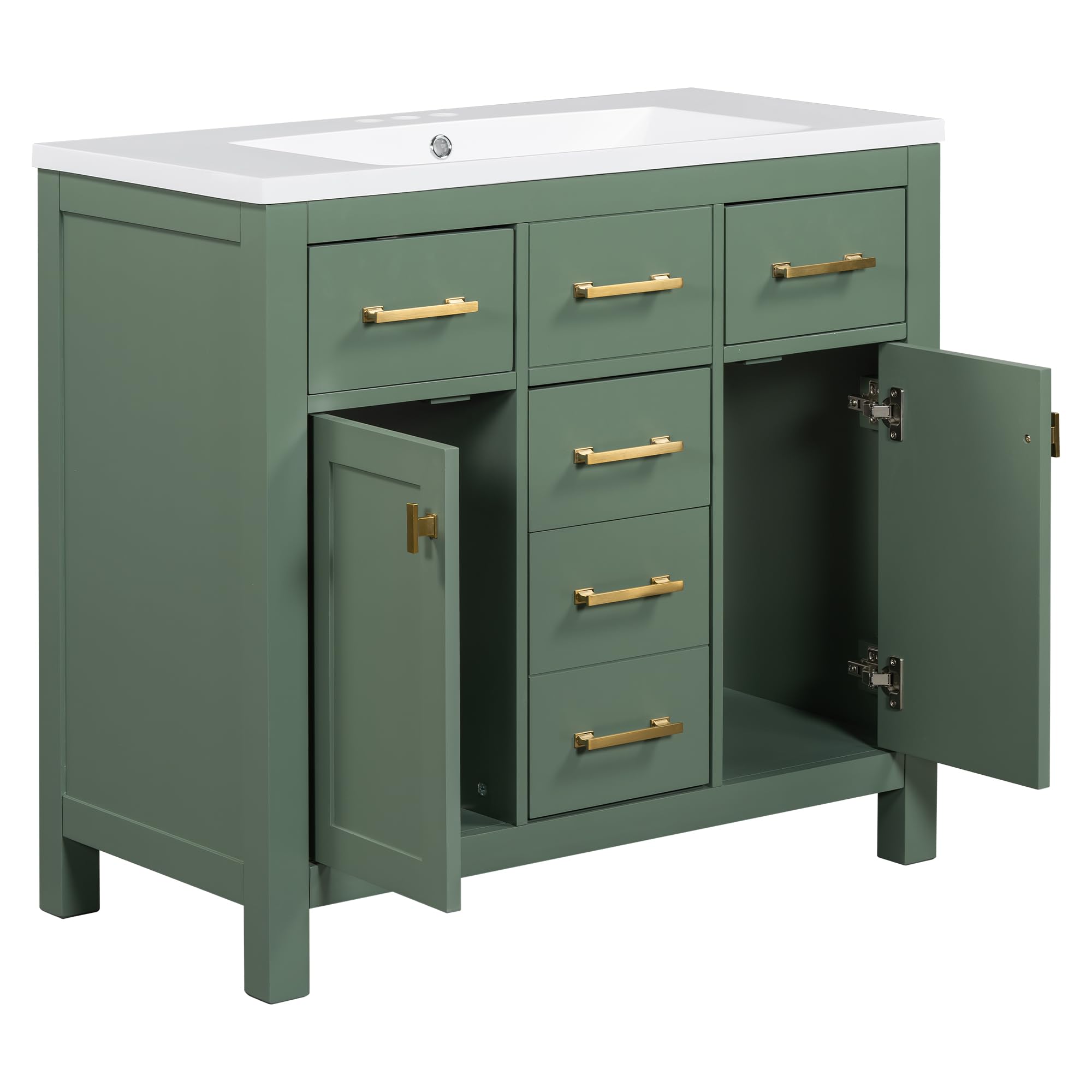 36 inch Vanity with Sink Combo, Free Standing Bathroom Vanity Cabinet with 4 Drawers & 2 Cabinets, Solid Wood Bathroom Vanity Set with Resin Sink, Green (BASE CABINET ONLY)