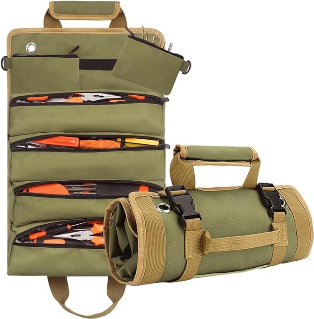 Zomanon Upgraded Tool Roll Up Bag, Heavy Duty Roll Up Tool Bag, Roll Up Tool Organizer with 2 Detachable Shoulder Strap, Multi-Purpose Tool Roll Pouch for Motorcycle Truck