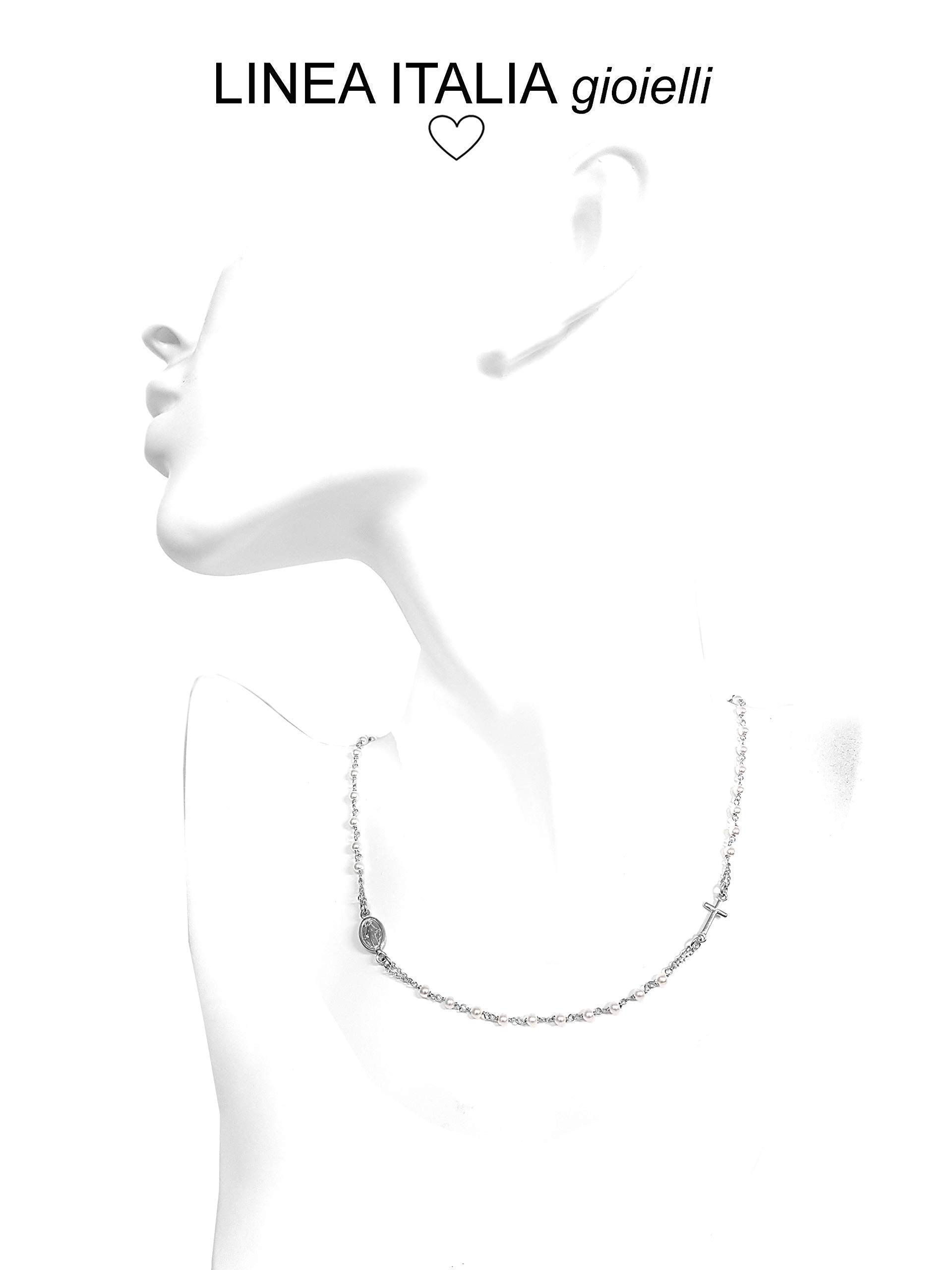 Linea Italia Gioielli - Collana Rosario Girocollo in Argento 925 con Perline Bianche, Croce e Medaglietta Madonna - Made In Italy