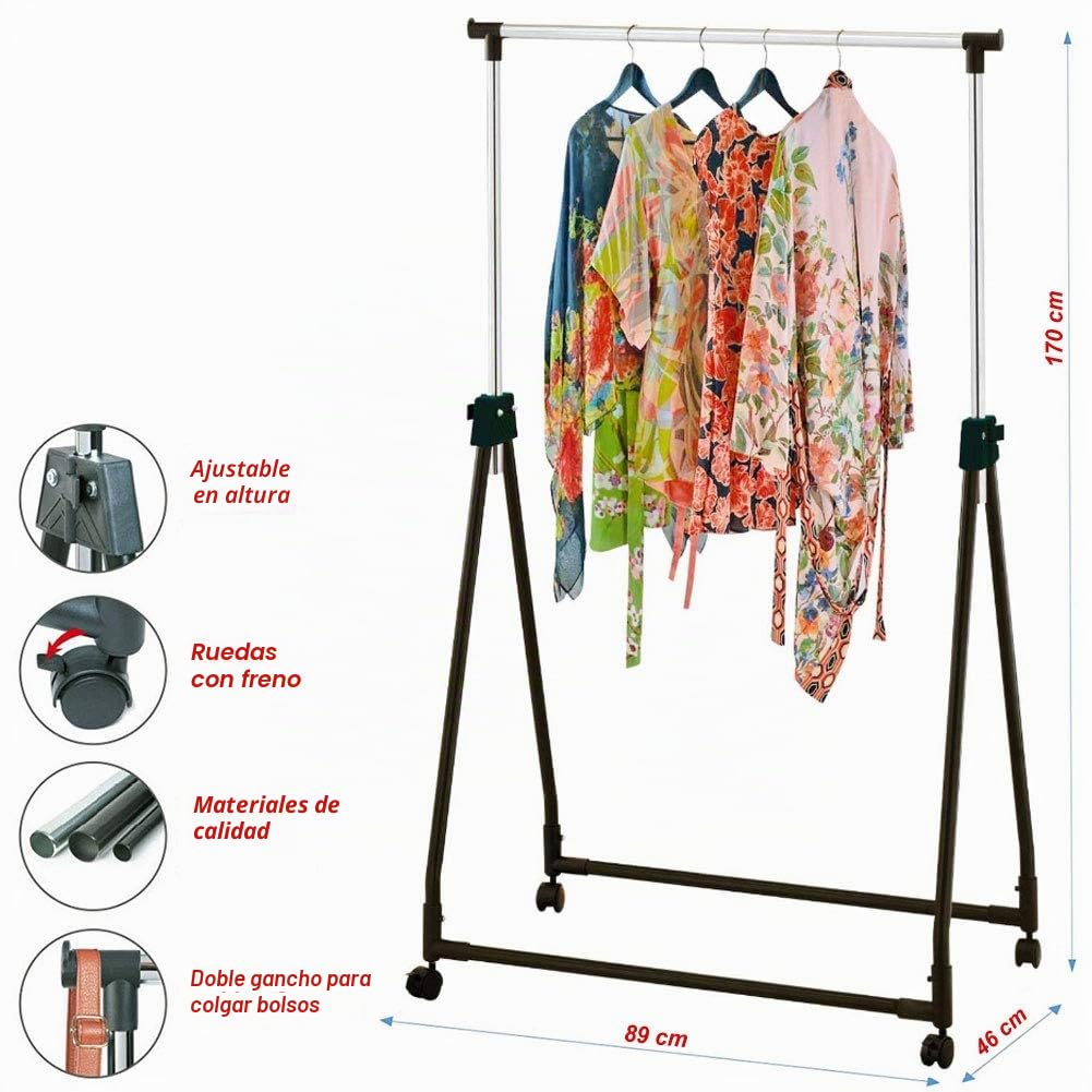 BAKAJI Perchero individual plegable ajustable de acero y plástico duradero, barras telescópicas, fácil de montar con 4 ruedas, exposición de tienda, colgar ropa profesional (negro)