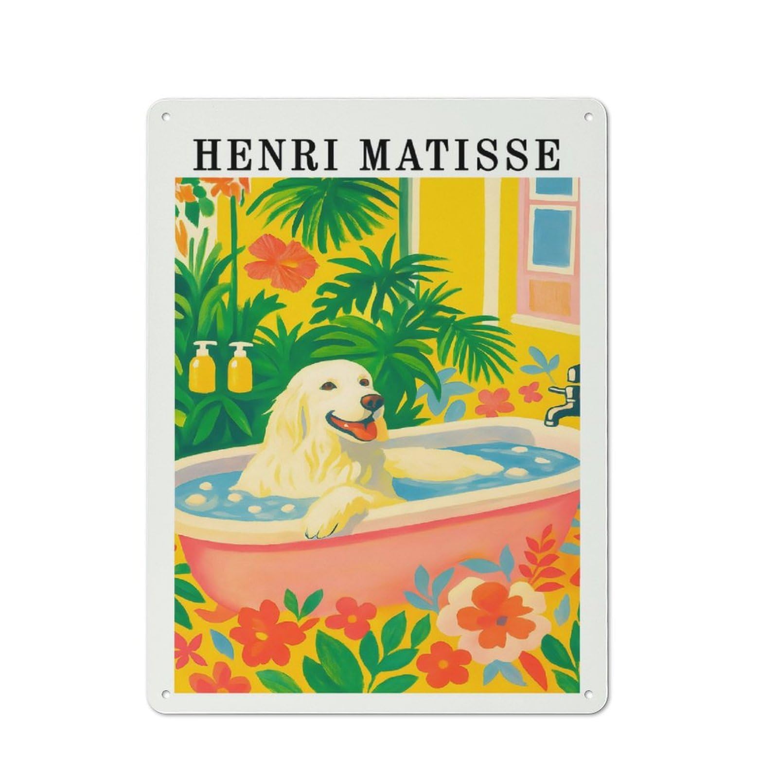 Junmoney Style-3 Tin Wall Plaque 40X30cm With Dog In Bathtub Henri Matisse Style For Living Room Wall, For Kitchen, Dining Room And Home Bar Wall Decor