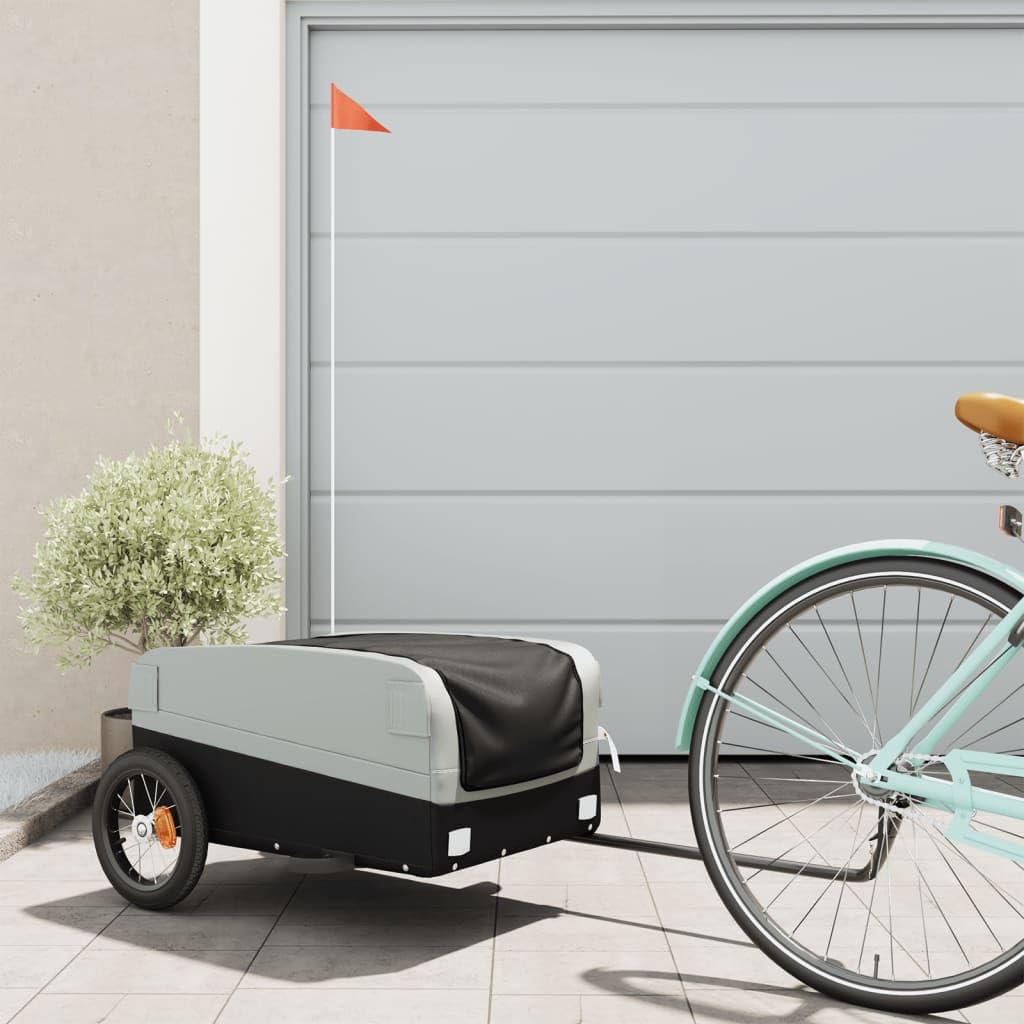 Remolque de bicicleta negro de hierro con capacidad de carga x 52,5 x 42 cm con bandera de seguridad, plegable para transportar equipaje, carga, perros, niños, exteriores y uso diario