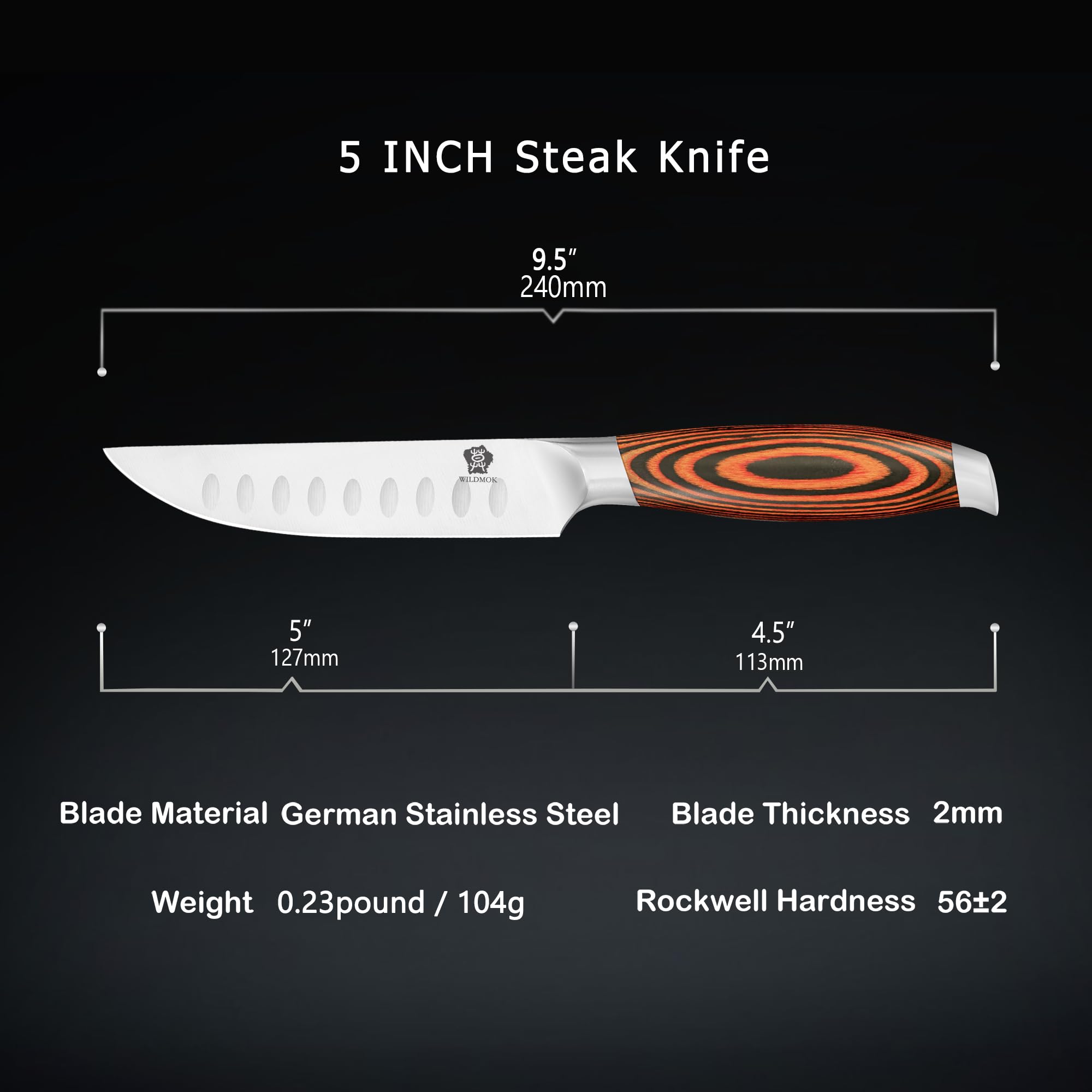 WILDMOK 4-teilig Steakmesserset 12,8cm Klinge aus Deutschem Stahl, Ergonomischer Griff Steakhouse Messerset