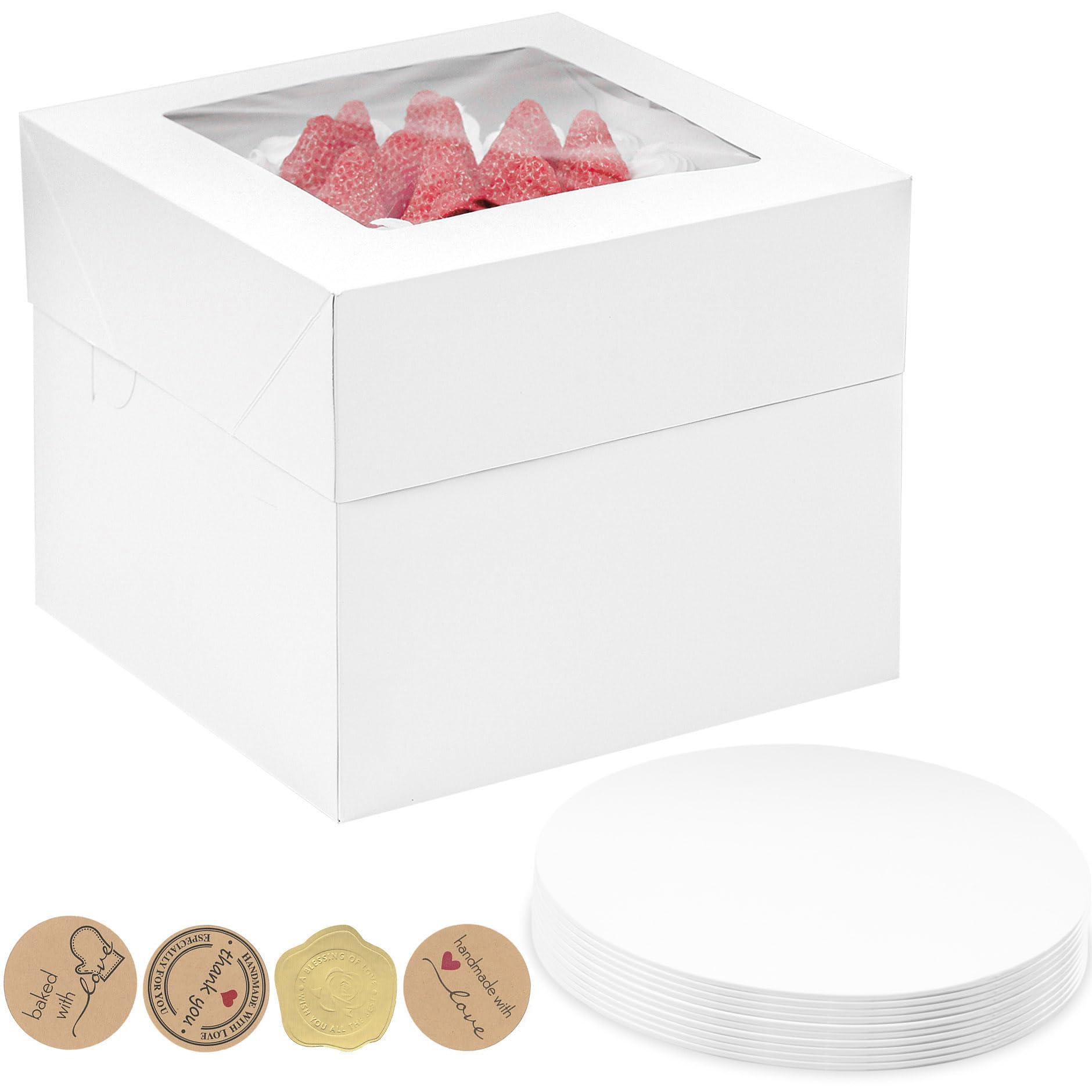 Cajas para tartas de 10 x 10 x 10 pulgadas con tablas para tartas, paquete de 10 cajas altas de alta calidad con ventana de exhibición, contenedor desechable para tartas para Navidad