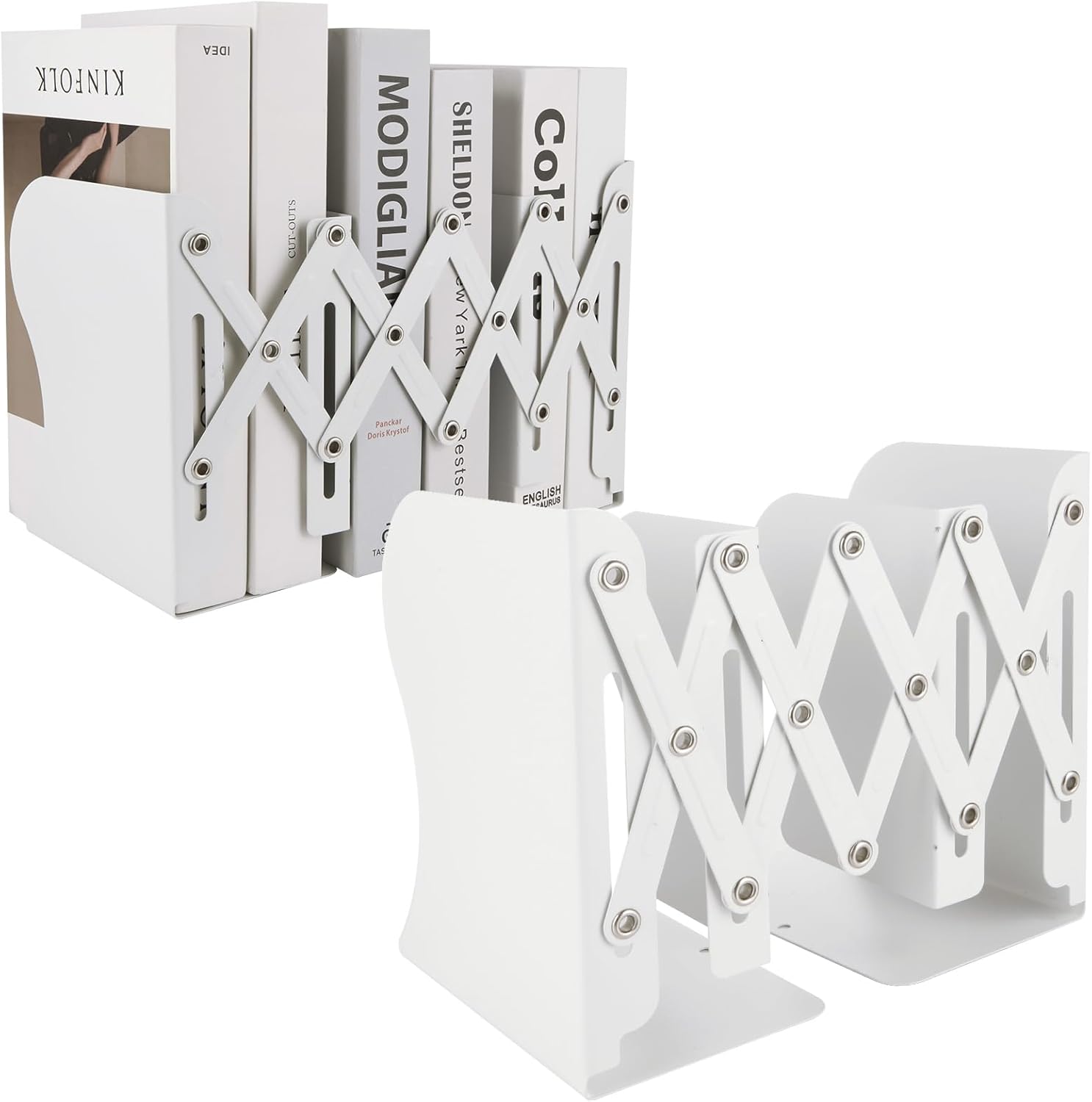 SHUESS 2 Pack Adjustable Bookends Expandable Metal Bookends for Heavy Books, 2 Dividers, Heavy Duty Book Ends to Hold Books with Pen Holder for Office, School, Bookstore, Home
