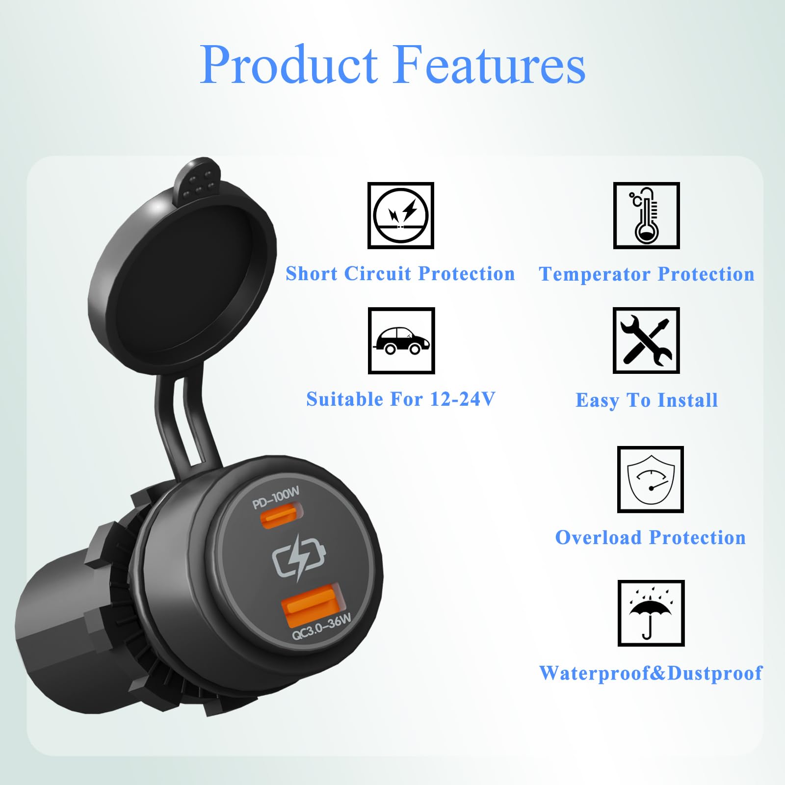 Cargador de coche USB dual de 100 W, carga rápida PD y QC3.0 tipo C y puertos USB A de 12 V/24 V para coche, camión, RV, barco, marino