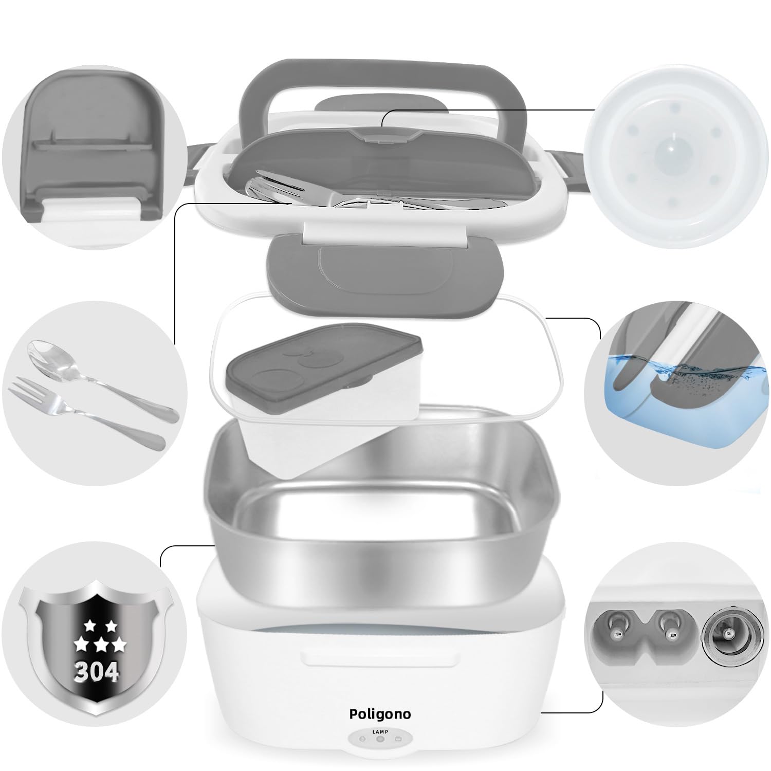 Poligono Scaldavivande Elettrico Portatile con Borsa Termica, Lunch Box 1.5L Portavivande Termico Elettronico Portatile in Acciaio Inox, Porta Pranzo da Ufficio e Auto(55W 220V), Grigio