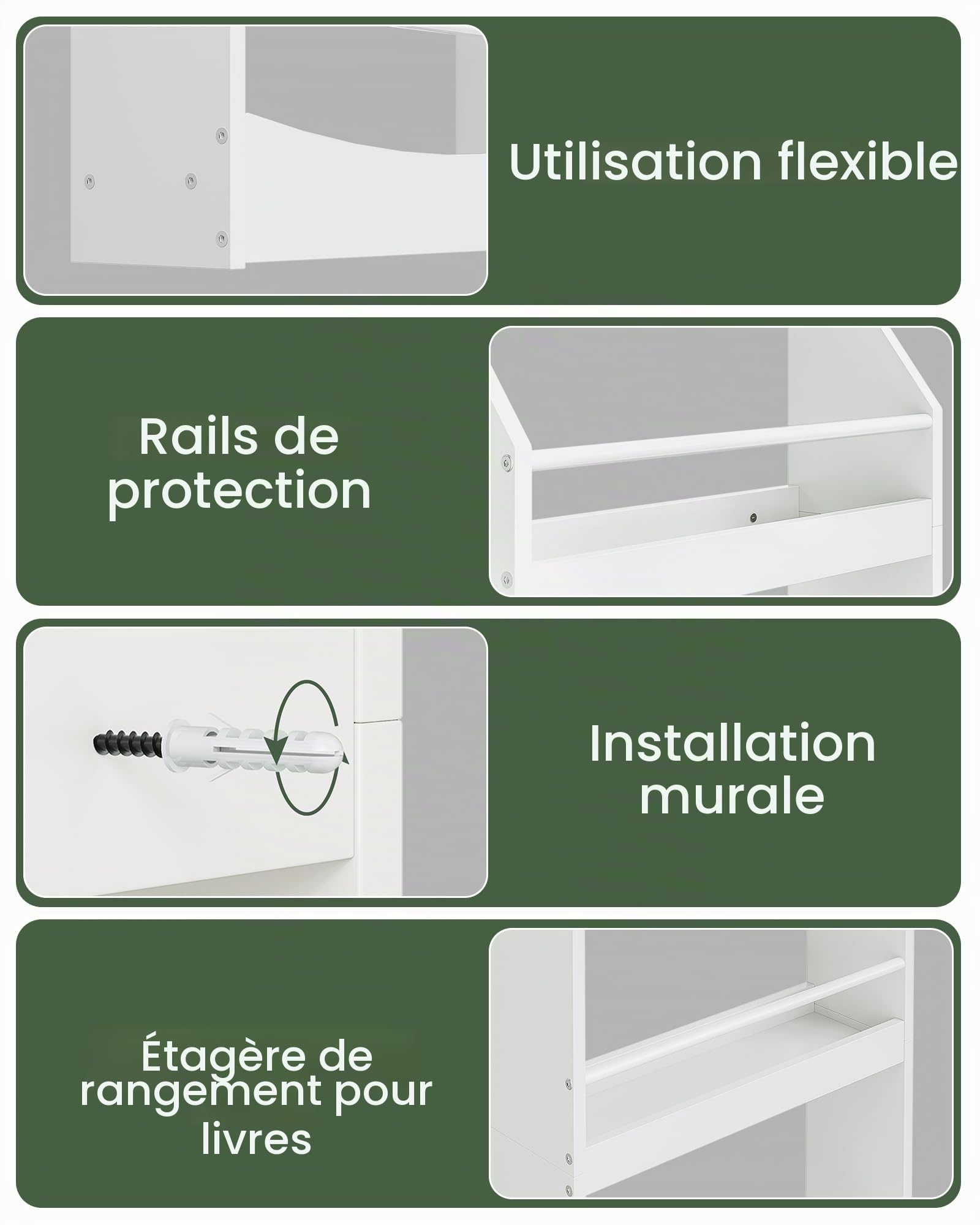 CHOEZON Bibliothèque Murale à 4 Niveaux pour Enfant, 39,8 cm Étagère à Livres Suspendue pour Chambre d’Enfant, Organisateur pour Jouets, Présentoir pour crèche, Salle de Jeux, Blanc DMCW04WB