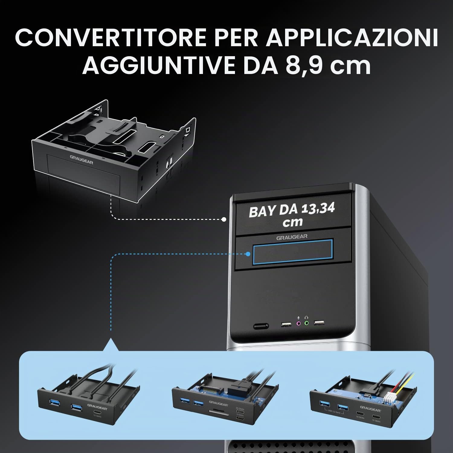 GRAUGEAR | Telaio di montaggio per 2 dischi HDD/SSD da 2,5 pollici e 1 unità HDD da 3,5 pollici su alloggiamento da 5,25 pollici | Pannello anteriore da 5,25" | G-CV-235T525
