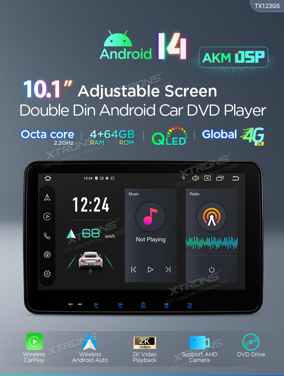 XTRONS TX123GS radio samochodowe 2 DIN, wyświetlacz 10,1", Android 14, WiFi, 4G, CarPlay, DSP, 180 W, Bluetooth, czarny