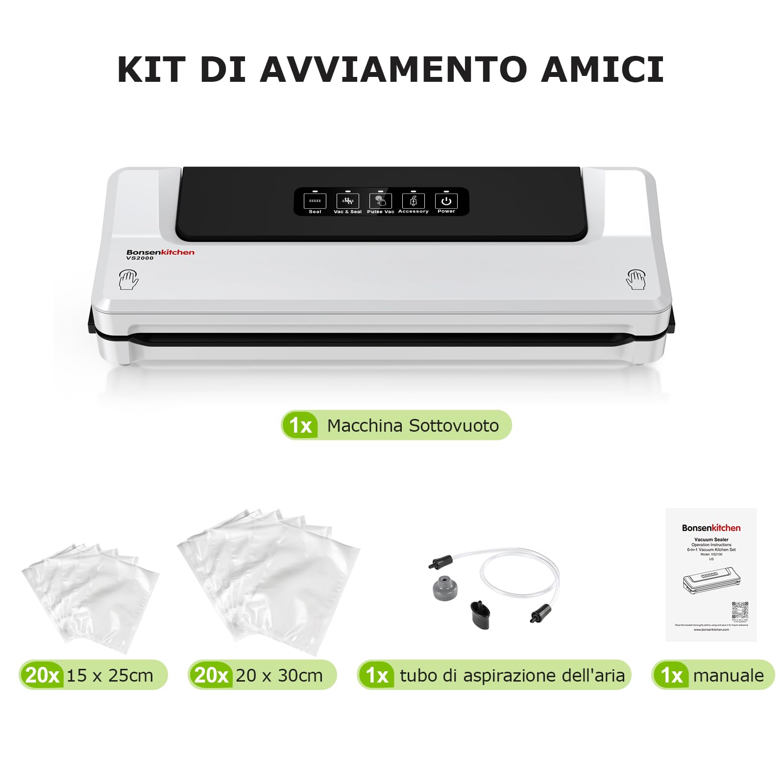 Bonsenkitchen Macchina Sottovuoto per Alimenti 4 in 1 - Macchina Sottovuoto per La Cottura Sottovuoto e La Conservazione di Alimenti Freschi, Con Modalità Vuoto Esterno, con 40 sacchetti sottovuoto