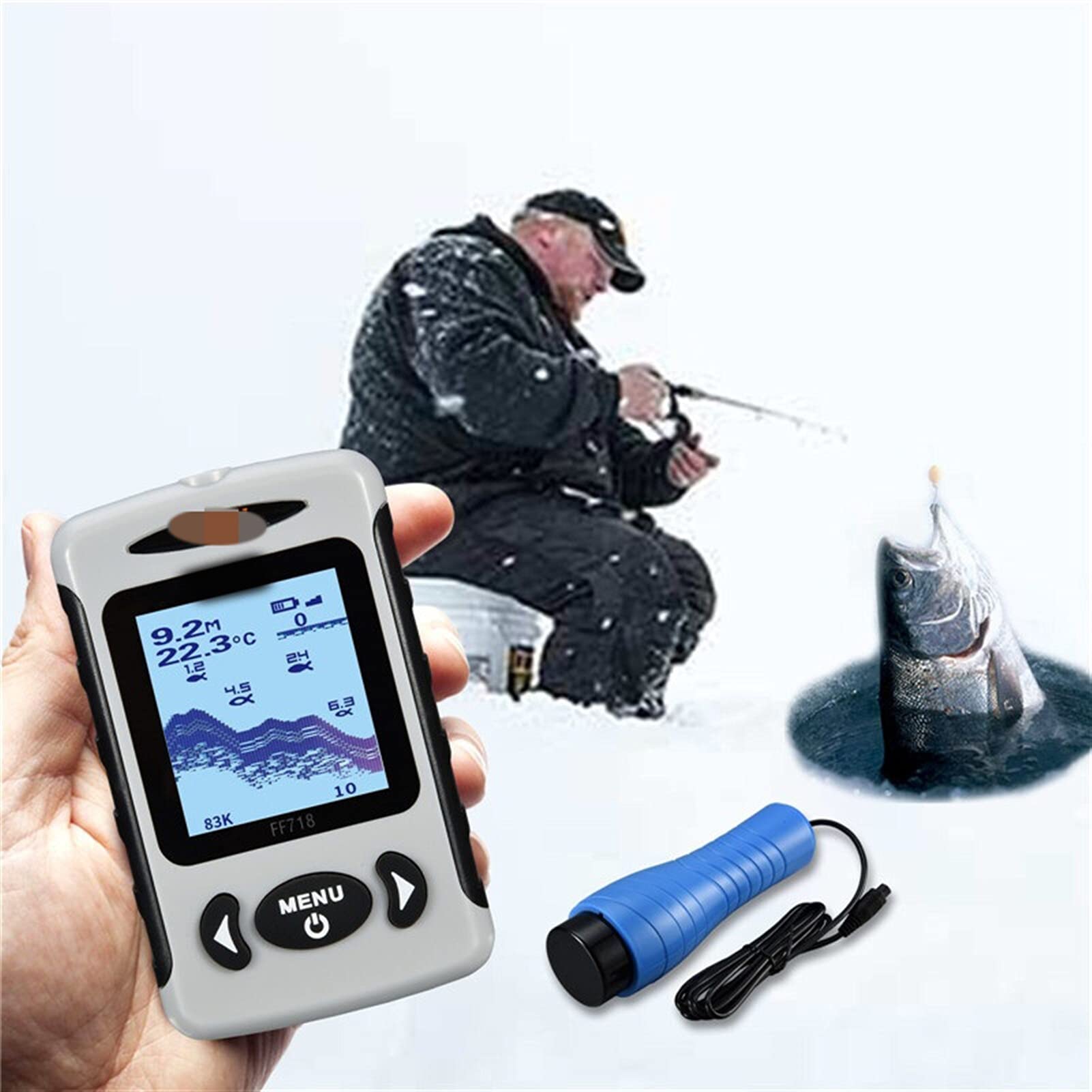 Buscador de Peces, LCD Finder portátil Profundidad 200kHz / 83kHz Doble Sonar Frecuencia 100M Detección Pesca de Hielo