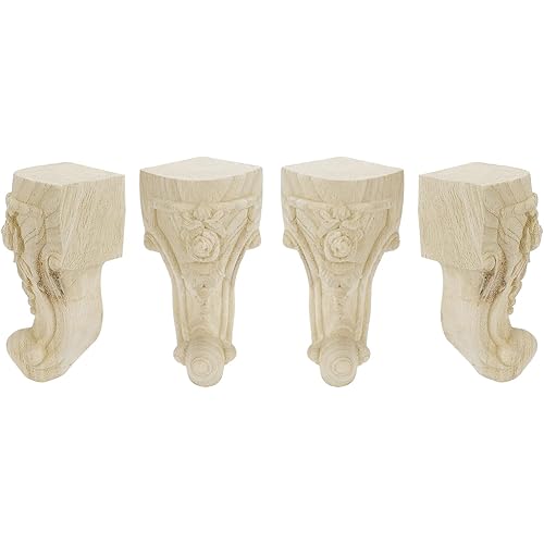 Tsnamay Set of 4 Solid Wood Unfinished Furniture Legs Replacement Sofa Couch Chair,European Flower Carving Table Cabinet Furniture Wood Legs,Height 5.9"/150mm