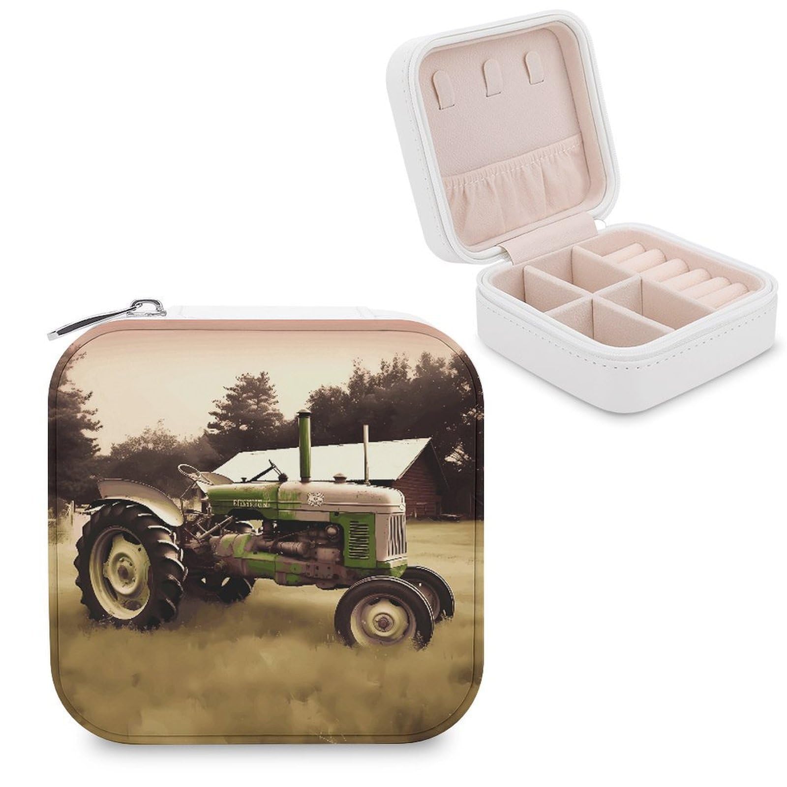 VstaDank Old Tractor Photo Farm Jewelry Box Exquisite Leather Jewelry Organizer Portable Trinket Organizer Fashion Travel Jewelry Case for Rings Earrings Necklaces Unique Gifts for Women