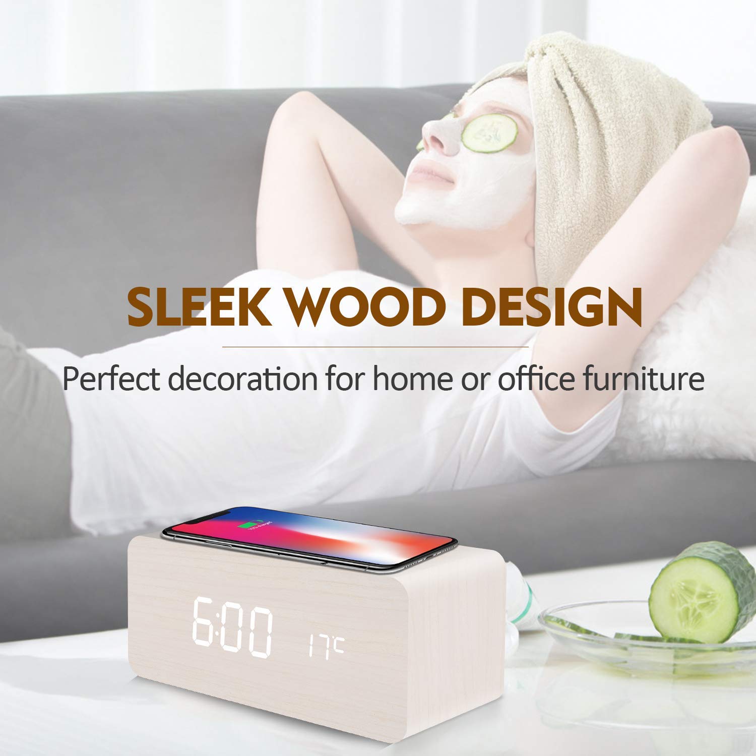 Reloj despertador digital inalámbrico de madera con luz LED para mesa, escritorio o mesita de noche, modo de sueño, fecha, Celsius/Fahrenheit, 12/24 horas, 3 alarmas, control de sonido, brillo
