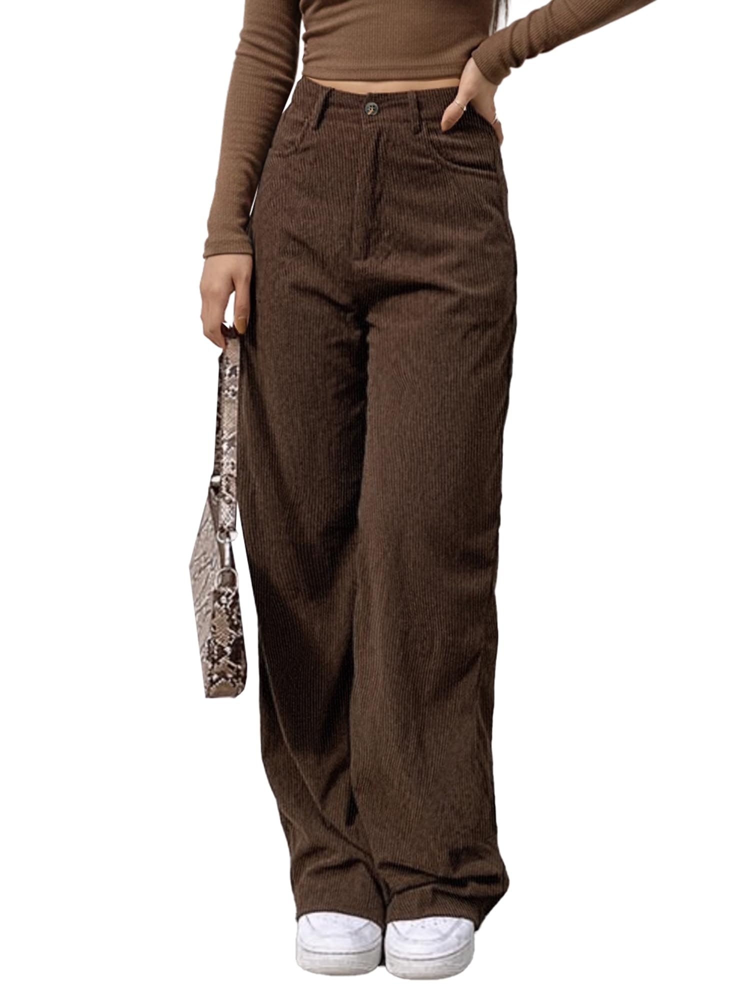 EMMIOL Corduroy Wide Leg Pants Women Casual Winter 2025 Elastic Waist Vintage Loose Trousers with Pockets