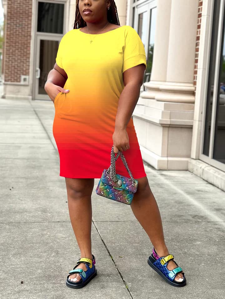 Image of PINSV Women Plus Size Summer Casual T Shirt Dresses Short Sleeve Tunic Dress with Pockets Yellow Gradient 4XL1